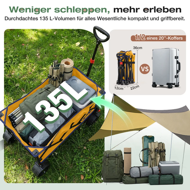 Sekey XXL Faltbarer Bollerwagen 135L – 150kg Belastbar, Leichter Handwagen mit Breiten All-Terrain Rädern, Bremse & 4-Wege Sofortaufbau Transportwagen, 4031