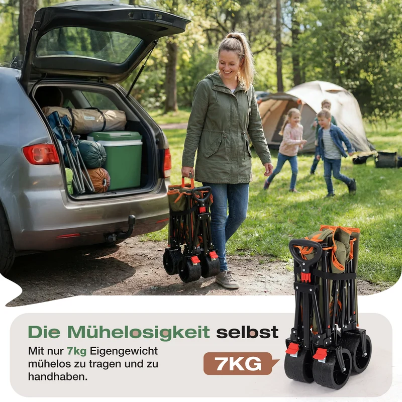 Sekey XXL Faltbarer Bollerwagen 135L – 150kg Belastbar, Leichter Handwagen mit Breiten All-Terrain Rädern, Bremse & 4-Wege Sofortaufbau Transportwagen, 4031