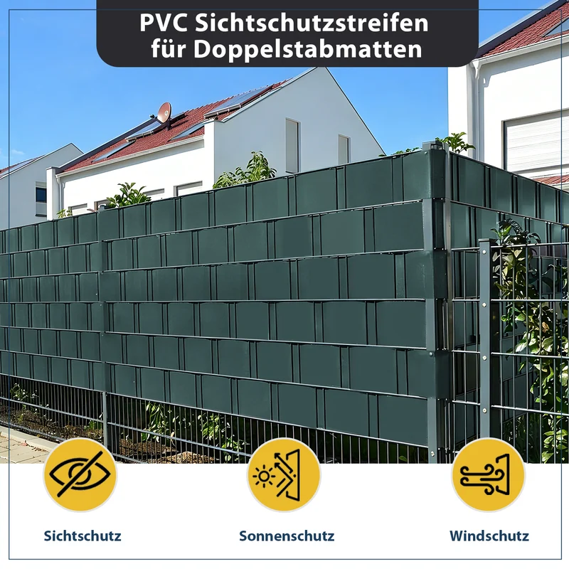 Sekey PVC Sichtschutzstreifen für Doppelstabmattenzaun – Sichtschutzband mit Befestigungsclips, UV-beständig & Wetterfest, Windschutz für Gartenzaun, Grün