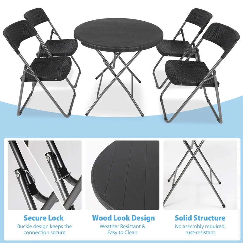 Sekey Balkonmöbel Set 5-teilig – Klappbares Balkonset für 4 Personen, Wetterfestes Rattan Gartenmöbel Set mit 4 Klappstühlen & Tisch, Bistro Set für Balkon, Terrasse und Garten