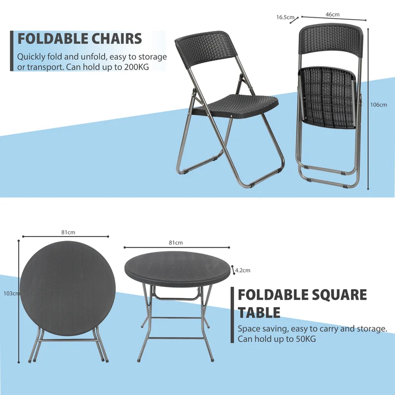 Sekey Balkonmöbel Set 5-teilig – Klappbares Balkonset für 4 Personen, Wetterfestes Rattan Gartenmöbel Set mit 4 Klappstühlen & Tisch, Bistro Set für Balkon, Terrasse und Garten