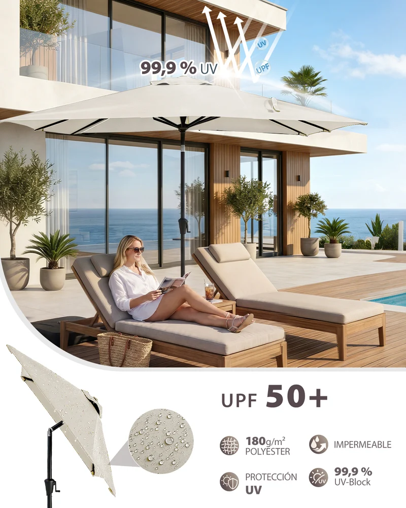 Sekey Rechteckiger Sonnenschirm 210×140 cm mit Kurbel & 30° Neigung – UV-Schutz 50+, Gartenschirm, Marktschirm, stabiler Terrassenschirm für Garten & Balkon