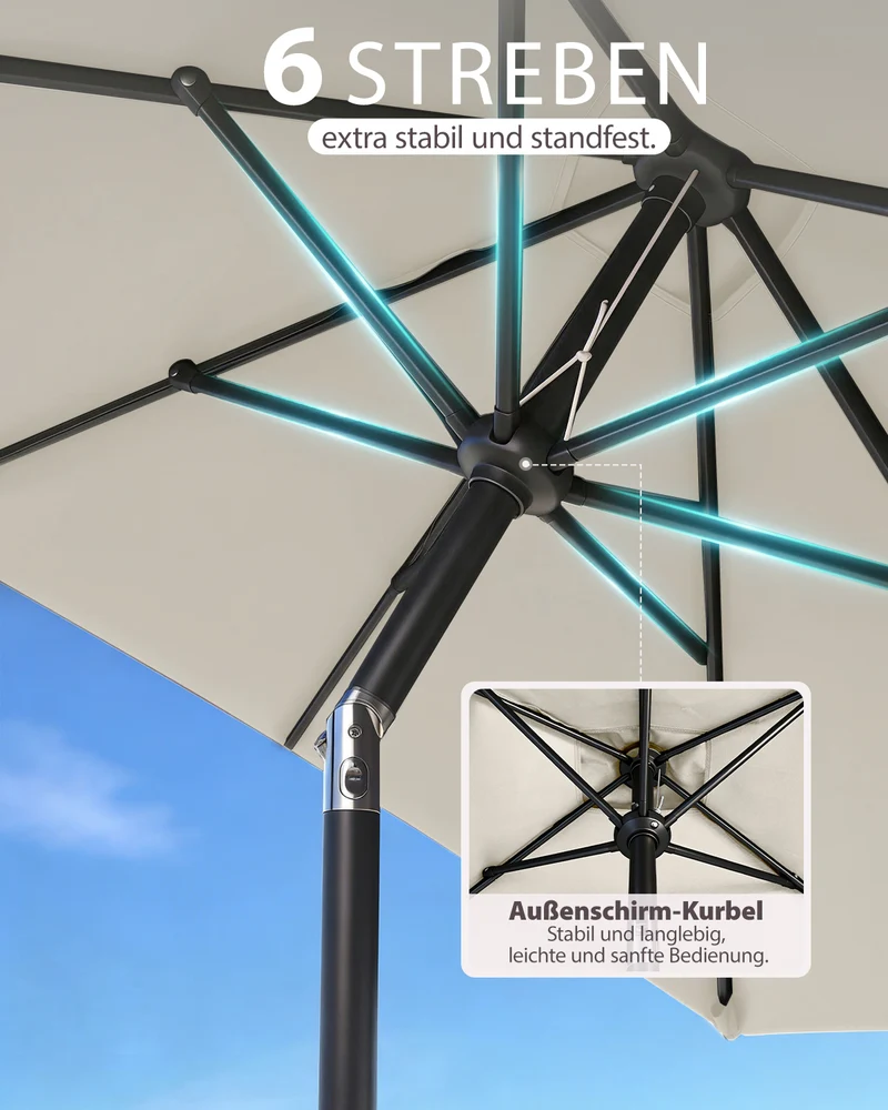 Sekey Rechteckiger Sonnenschirm 210×140 cm mit Kurbel & 30° Neigung – UV-Schutz 50+, Gartenschirm, Marktschirm, stabiler Terrassenschirm für Garten & Balkon