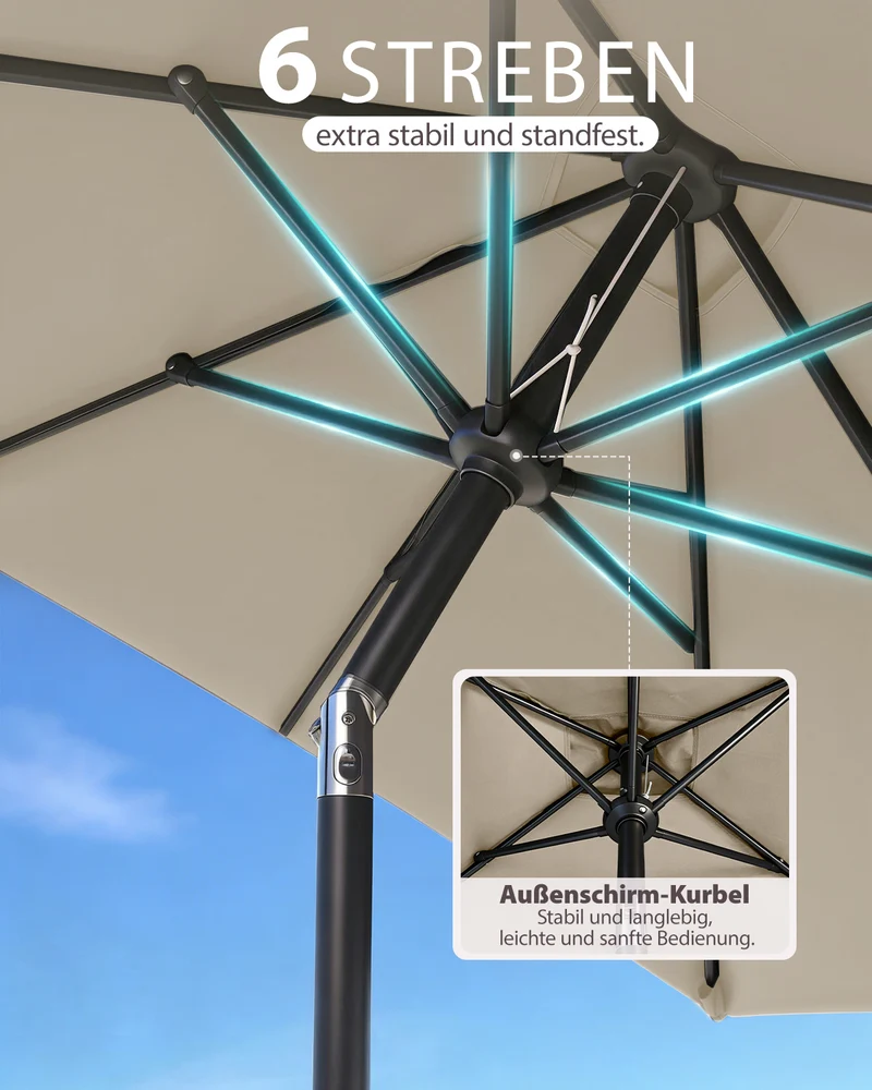 Sekey Rechteckiger Sonnenschirm 210×140 cm mit Kurbel & 30° Neigung – UV-Schutz 50+, Gartenschirm, Marktschirm, stabiler Terrassenschirm für Garten & Balkon