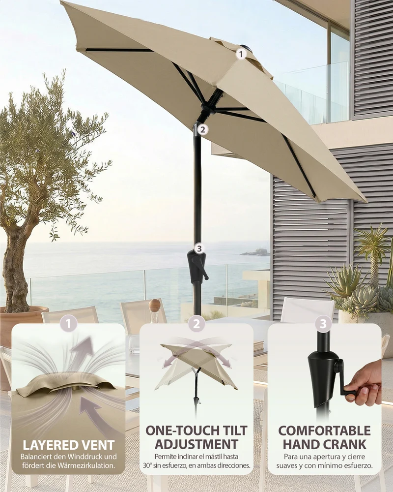 Sekey Rechteckiger Sonnenschirm 210×140 cm mit Kurbel & 30° Neigung – UV-Schutz 50+, Gartenschirm, Marktschirm, stabiler Terrassenschirm für Garten & Balkon
