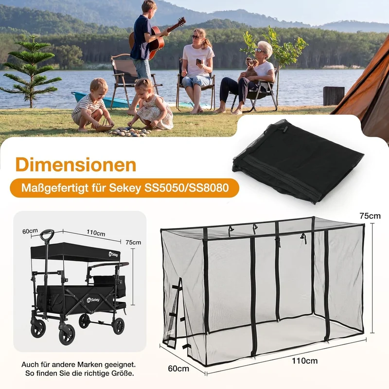 Sekey Fliegennetz für Bollerwagen mit Dach – Universelles Moskitonetz 60×75×110 cm, Insektenschutz für Kinderwagen & Handwagen, 1 mm feinmaschig, atmungsaktiv & faltbar für SS5050/SS8080