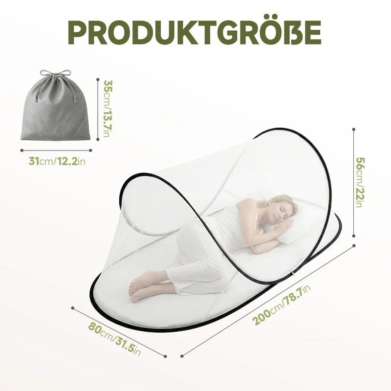 Sekey Pop Up Moskitonetz Bett 200×80×56 cm – Faltbares Reise-Mückennetz, Ultraleichtes Camping Bettzelt, 2 Reißverschlüsse, Insektenschutz für Indoor & Outdoor
