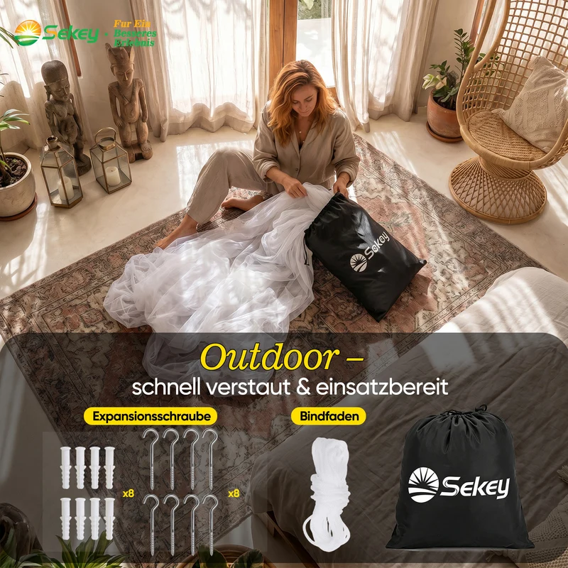 Sekey Moskitonetz für Doppelbett 220×200×200 cm – 2 Eingänge, 360° Insektenschutz, 220 Mesh Feinmaschig, mit Aufhängeset für Zuhause, Reisen & Camping