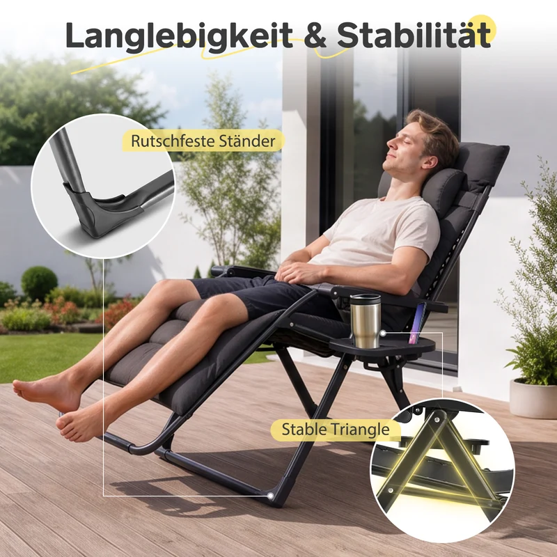 Sekey Gartenliege klappbar gepolstert – 3-fach verstellbare Sonnenliege mit Auflage, Nackenkissen & Getränkehalter, bis 150 kg