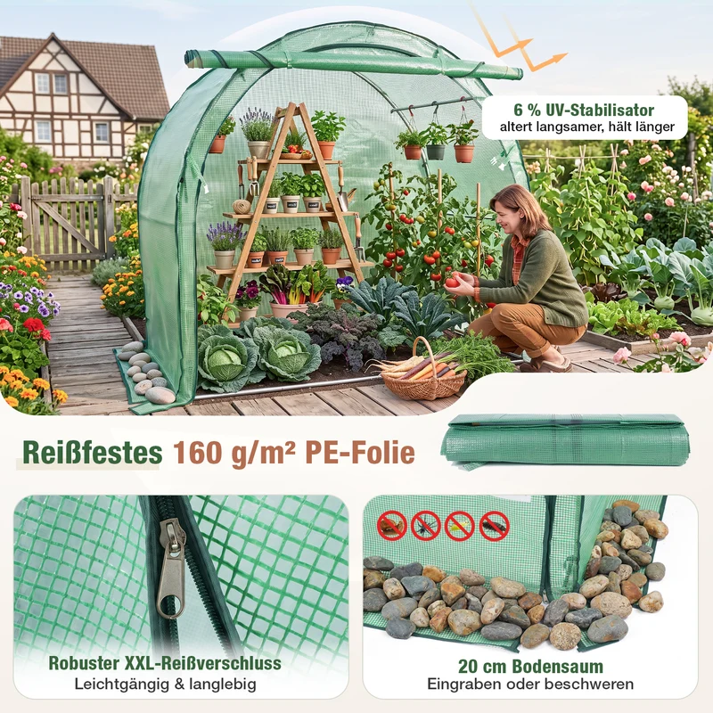 Sekey Foliengewächshaus 200 × 100 × 180 cm, Gewächshaus mit PE-Gitterfolie und 3-Wege-Tür, Tomatenhaus mit Stahlrahmen, Runddach für Balkon, Terrasse & Garten