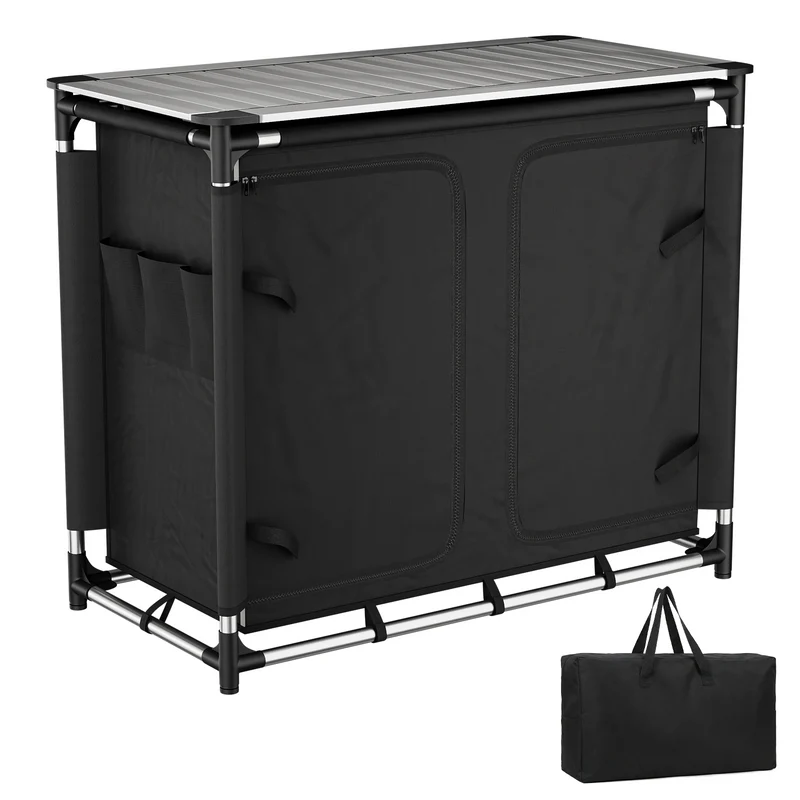 Sekey Campingschrank faltbar mit rollbarer Aluminium-Tischplatte, Campingküche Outdoor 79 × 48 × 96 cm, 6 Fächer, Aluminiumgestell, Camping Tisch mit Stauraum für Wohnmobil, Garten & Festival