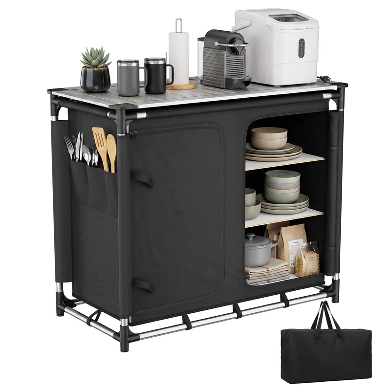 Sekey Campingschrank faltbar mit rollbarer Aluminium-Tischplatte, Campingküche Outdoor 79 × 48 × 96 cm, 6 Fächer, Aluminiumgestell, Camping Tisch mit Stauraum für Wohnmobil, Garten & Festival
