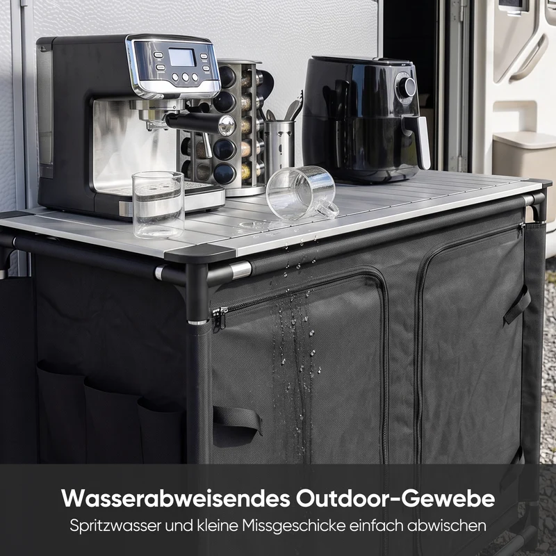 Sekey Campingschrank faltbar mit rollbarer Aluminium-Tischplatte, Campingküche Outdoor 79 × 48 × 96 cm, 6 Fächer, Aluminiumgestell, Camping Tisch mit Stauraum für Wohnmobil, Garten & Festival