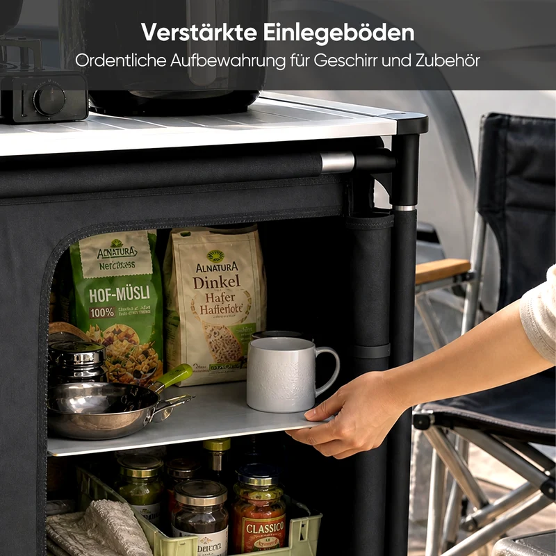 Sekey Campingschrank faltbar mit rollbarer Aluminium-Tischplatte, Campingküche Outdoor 79 × 48 × 96 cm, 6 Fächer, Aluminiumgestell, Camping Tisch mit Stauraum für Wohnmobil, Garten & Festival