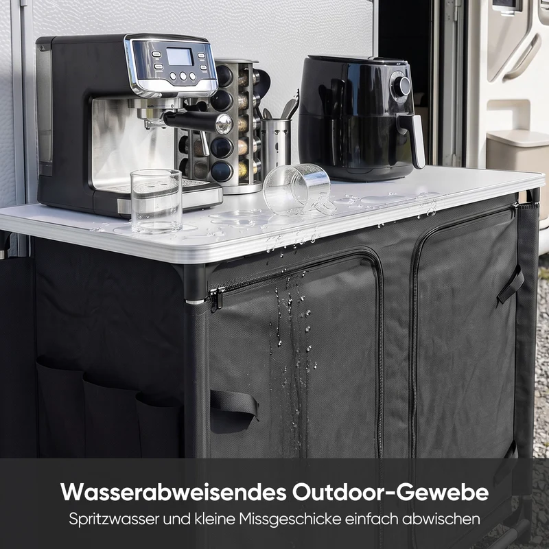 Sekey Campingschrank faltbar mit Tischplatte, Campingküche Outdoor 79 x 48 x 96 cm, Campingküche mit 6 Fächern, Aluminiumgestell, MDF-Arbeitsplatte, für Camping, Wohnmobil & Garten
