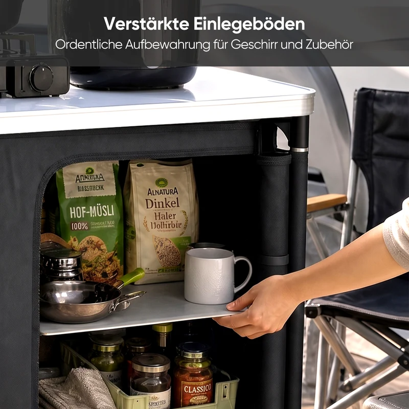 Sekey Campingschrank faltbar mit Tischplatte, Campingküche Outdoor 79 x 48 x 96 cm, Campingküche mit 6 Fächern, Aluminiumgestell, MDF-Arbeitsplatte, für Camping, Wohnmobil & Garten