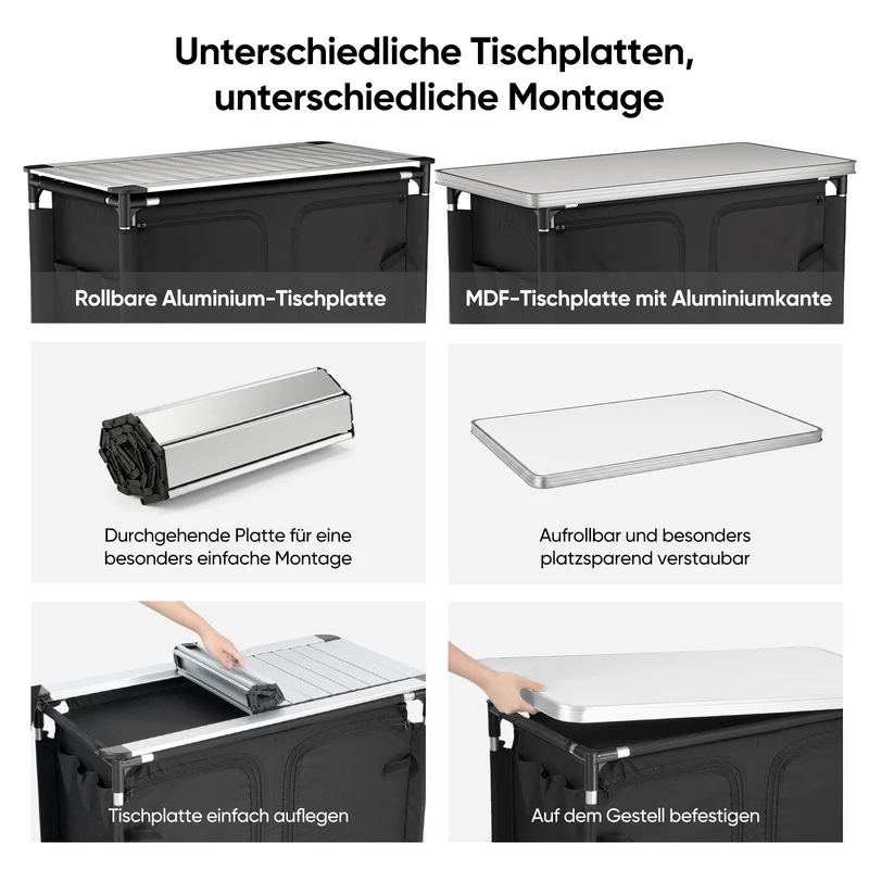 Sekey Campingschrank faltbar mit Tischplatte, Campingküche Outdoor 79 x 48 x 96 cm, Campingküche mit 6 Fächern, Aluminiumgestell, MDF-Arbeitsplatte, für Camping, Wohnmobil & Garten