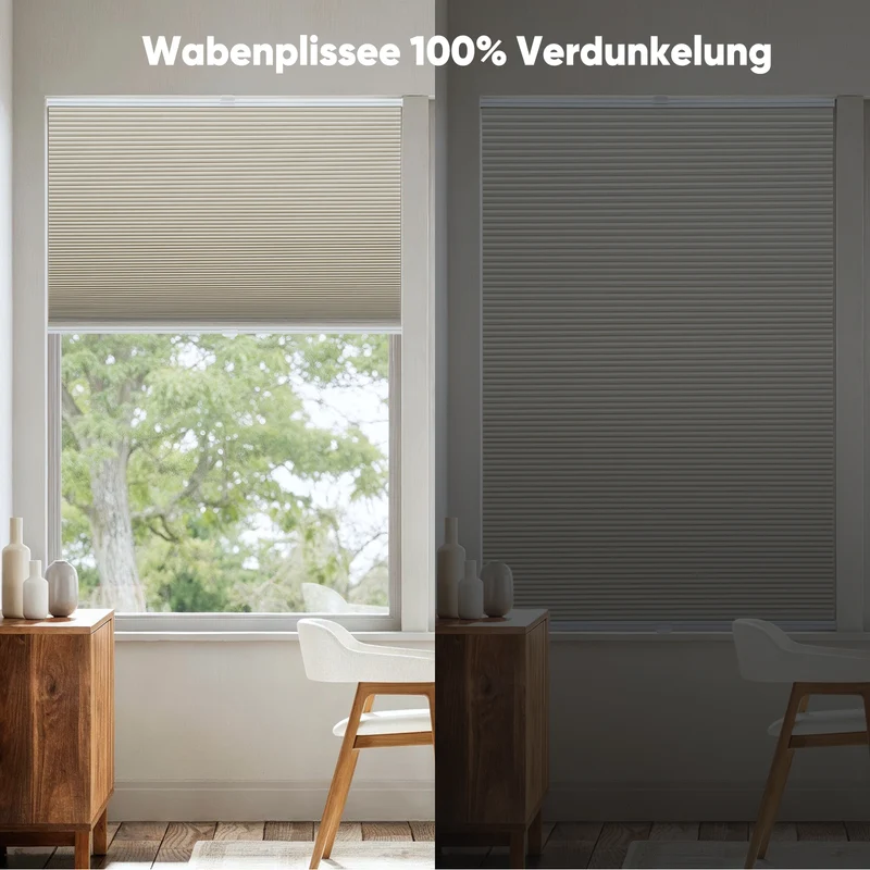 Sekey Wabenplissee ohne Bohren 100 % Verdunkelung, blickdichtes Klemmfix Plissee in Textiloptik, Beige