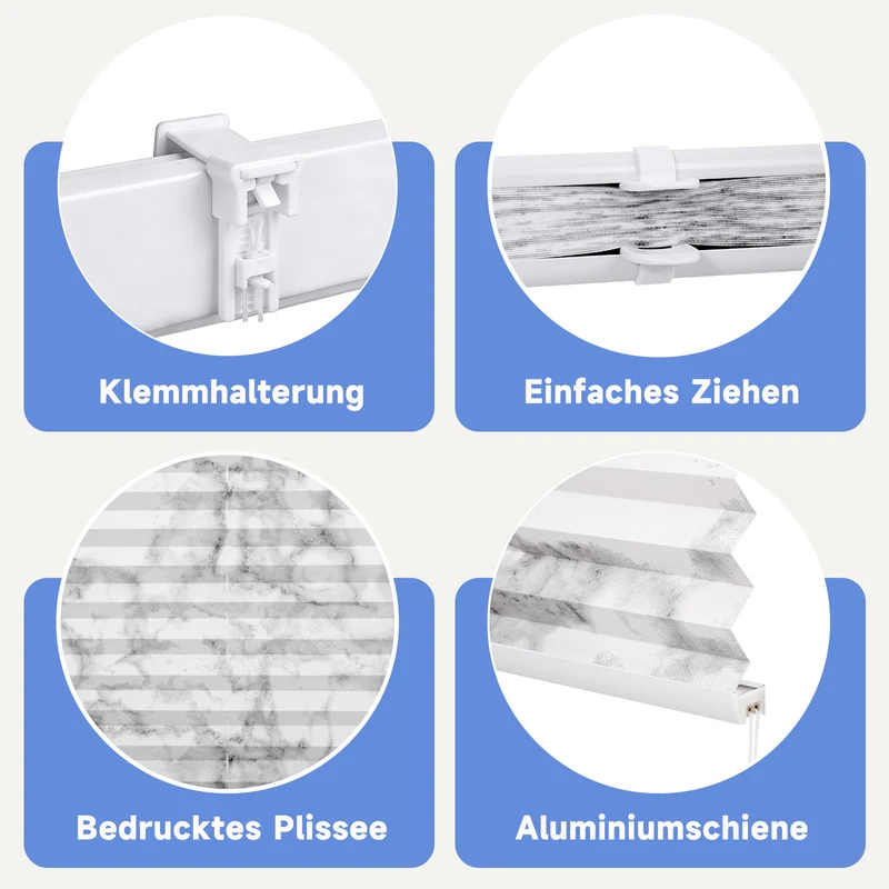 Sekey Plissee ohne Bohren Lichtschutz Rollo Klemmfix aus Vliesstoff für Fenster & Türen, in grauer Marmoroptik