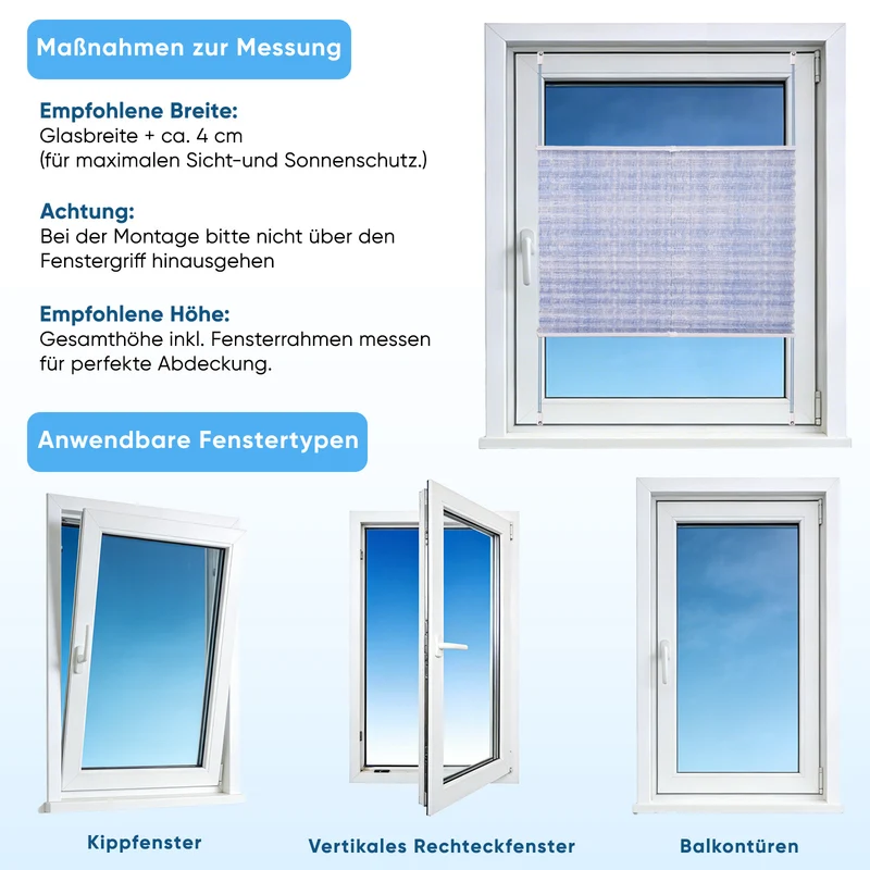 Sekey Plissee ohne Bohren Lichtschutz Rollo Klemmfix aus Vliesstoff für Fenster & Türen, Blau