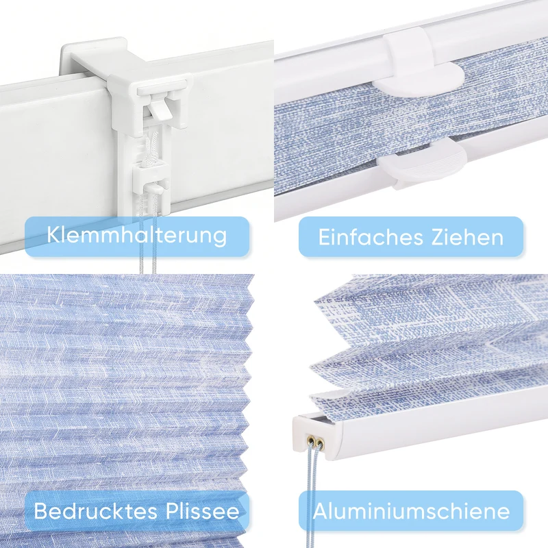 Sekey Plissee ohne Bohren Lichtschutz Rollo Klemmfix aus Vliesstoff für Fenster & Türen, Blau