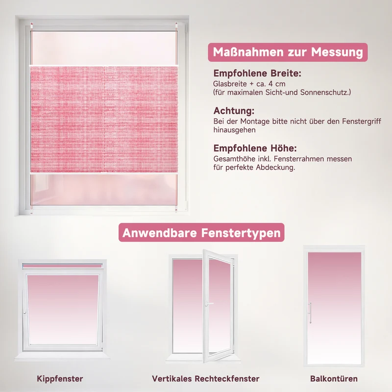 Sekey Plissee ohne Bohren Lichtschutz Rollo Klemmfix aus Vliesstoff für Fenster & Türen, Rosa