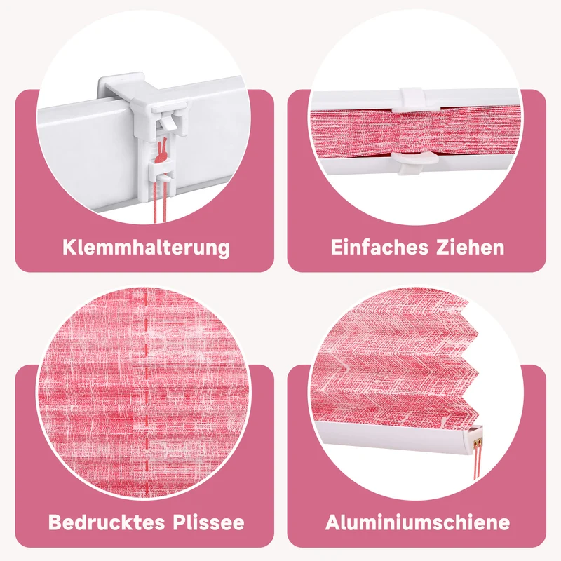 Sekey Plissee ohne Bohren Lichtschutz Rollo Klemmfix aus Vliesstoff für Fenster & Türen, Rosa