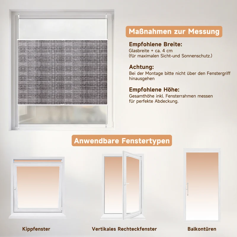 Sekey Plissee ohne Bohren, Lichtschutz Rollo Klemmfix aus Vliesstoff für Fenster & Türen, in dunkelgrau