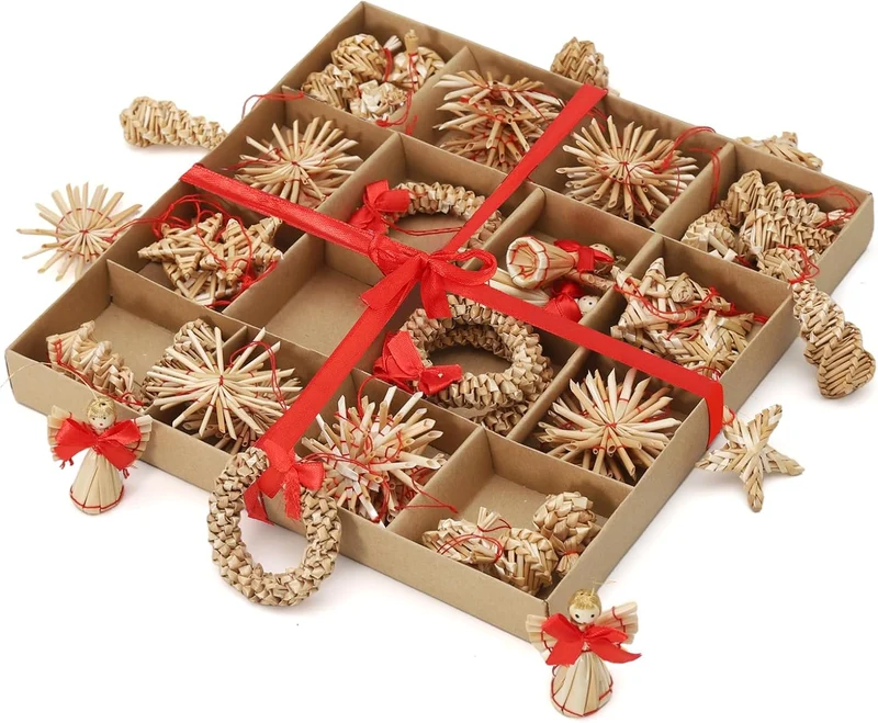 Salcar 56-teiliges Weihnachtsbaumschmuck aus Stroh – Handgefertigtes Strohsterne Set, natürliche Christbaum Anhänger aus 100 % Stroh für nachhaltige Weihnachtsdekoration