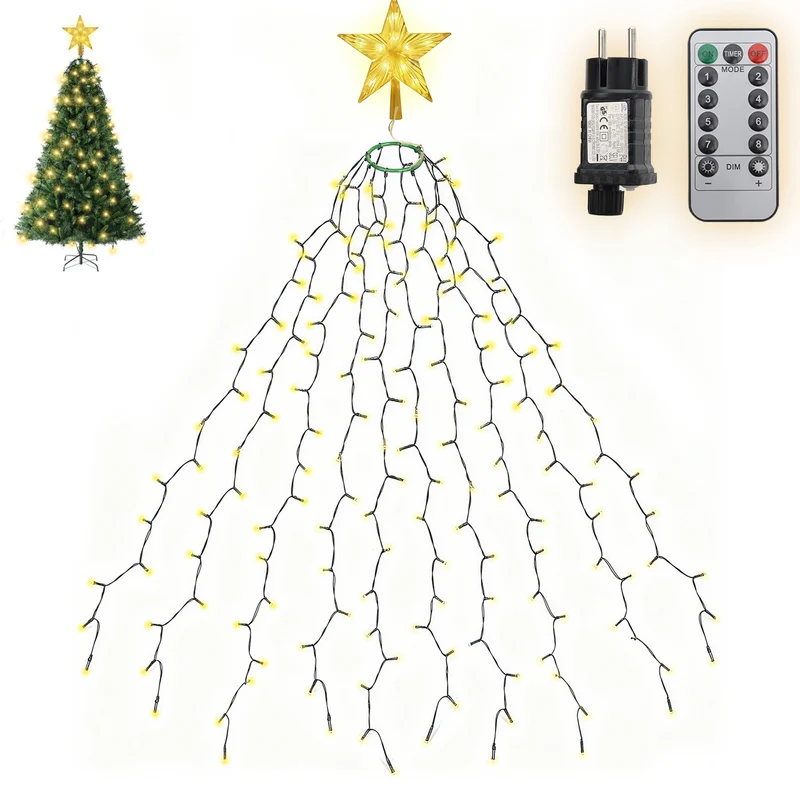 Salcar Weihnachtsbaum Lichterkette mit Sternspitze & Fernbedienung – 1,5 m (260 LED), 2 m (430 LED) oder 3 m (500 LED) Überwurf Lichterkette, Warmweiß, 8 Modi, Timer, Innen & Außen