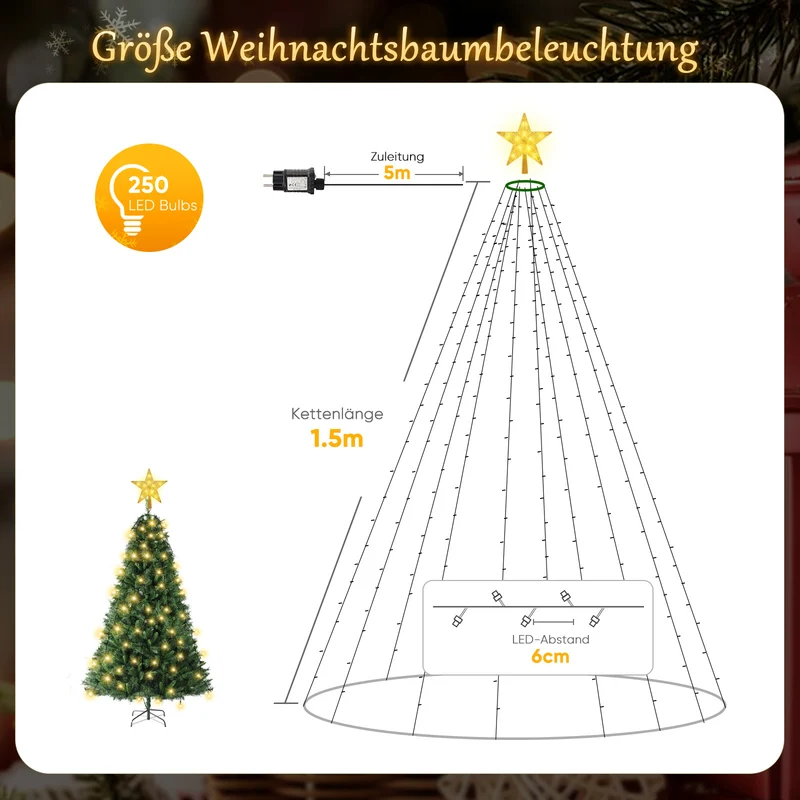 Salcar Weihnachtsbaum Lichterkette mit Sternspitze & Fernbedienung – 1,5 m (260 LED), 2 m (430 LED) oder 3 m (500 LED) Überwurf Lichterkette, Warmweiß, 8 Modi, Timer, Innen & Außen