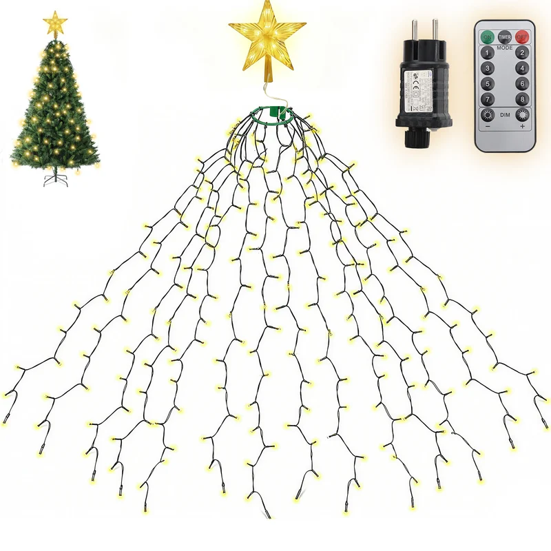Salcar Weihnachtsbaum Lichterkette mit Sternspitze & Fernbedienung – 1,5 m (260 LED), 2 m (430 LED) oder 3 m (500 LED) Überwurf Lichterkette, Warmweiß, 8 Modi, Timer, Innen & Außen