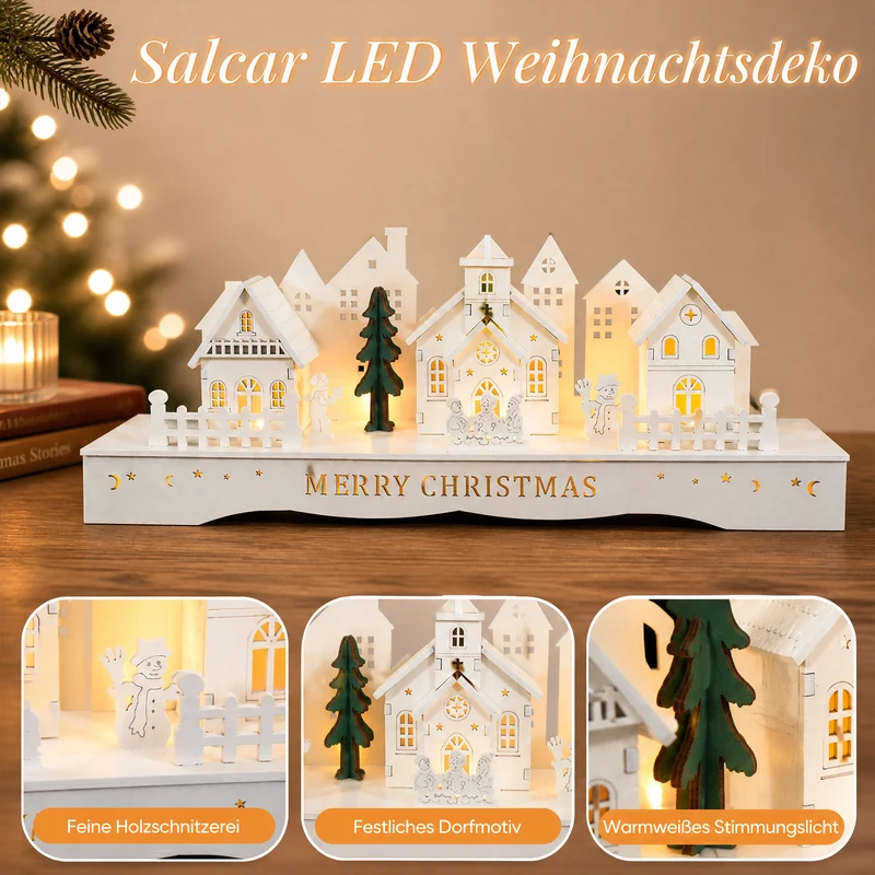 Salcar LED Schwibbogen aus Holz, 3D Weihnachtsdorf mit Kapelle, Häusern & Tannen, 10 warmweiße LEDs, Timer 6/18 Std., batteriebetriebene Weihnachtsdeko