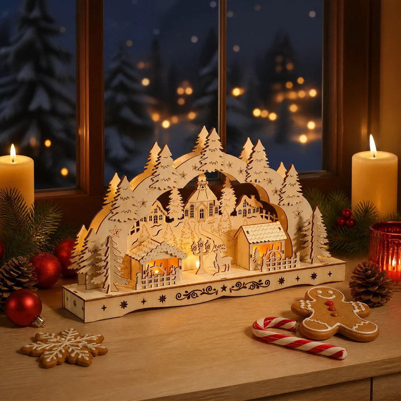 Salcar LED Schwibbogen aus Holz, 3D Weihnachtsdeko mit Fachwerkhäusern, Turm & Tannen, 10 warmweiße LEDs, batteriebetriebener Lichterbogen für Fensterbank & Sideboard