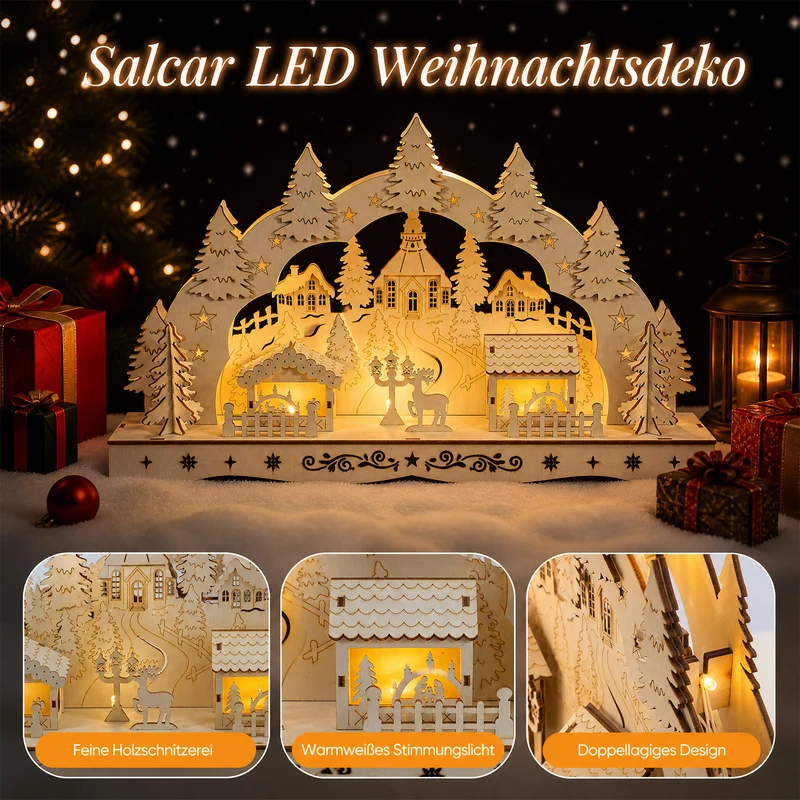 Salcar LED Schwibbogen aus Holz, 3D Weihnachtsdeko mit Fachwerkhäusern, Turm & Tannen, 10 warmweiße LEDs, batteriebetriebener Lichterbogen für Fensterbank & Sideboard