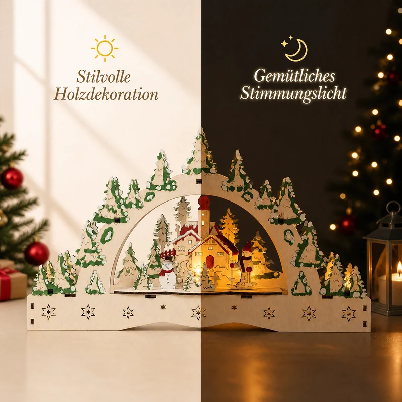 Salcar LED Schwibbogen aus Holz, 3D Weihnachtsdeko mit verschneiter Altstadt und Fachwerkhäusern, 13 warmweiße LEDs, batteriebetriebener Lichterbogen für Tisch, Fensterbank & Sideboard