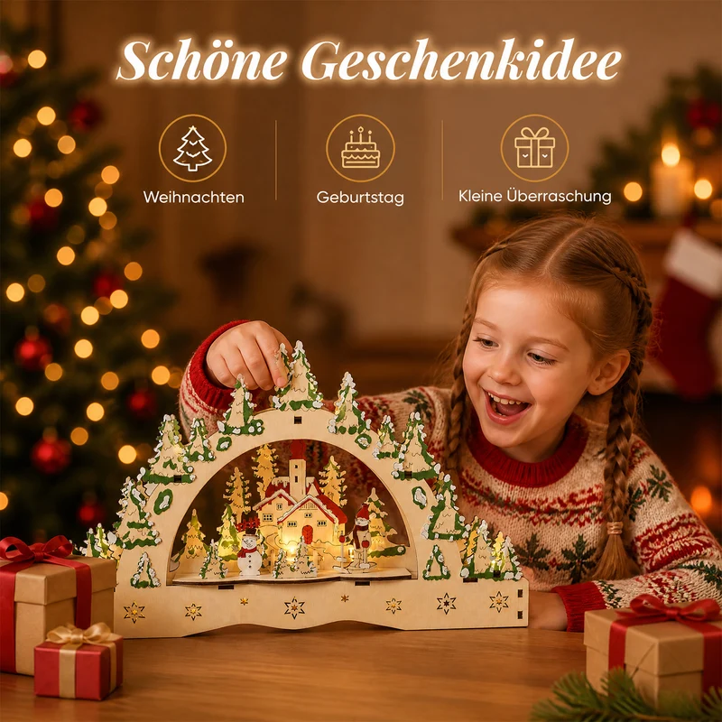 Salcar LED Schwibbogen aus Holz, 3D Weihnachtsdeko mit verschneiter Altstadt und Fachwerkhäusern, 13 warmweiße LEDs, batteriebetriebener Lichterbogen für Tisch, Fensterbank & Sideboard