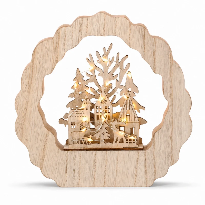 Salcar LED Schwibbogen aus Holz, 3D Weihnachtsdeko mit Weihnachtsdorf, 20 warmweiße LEDs, batteriebetriebener Lichterbogen für Fensterbank, Regal & Sideboard