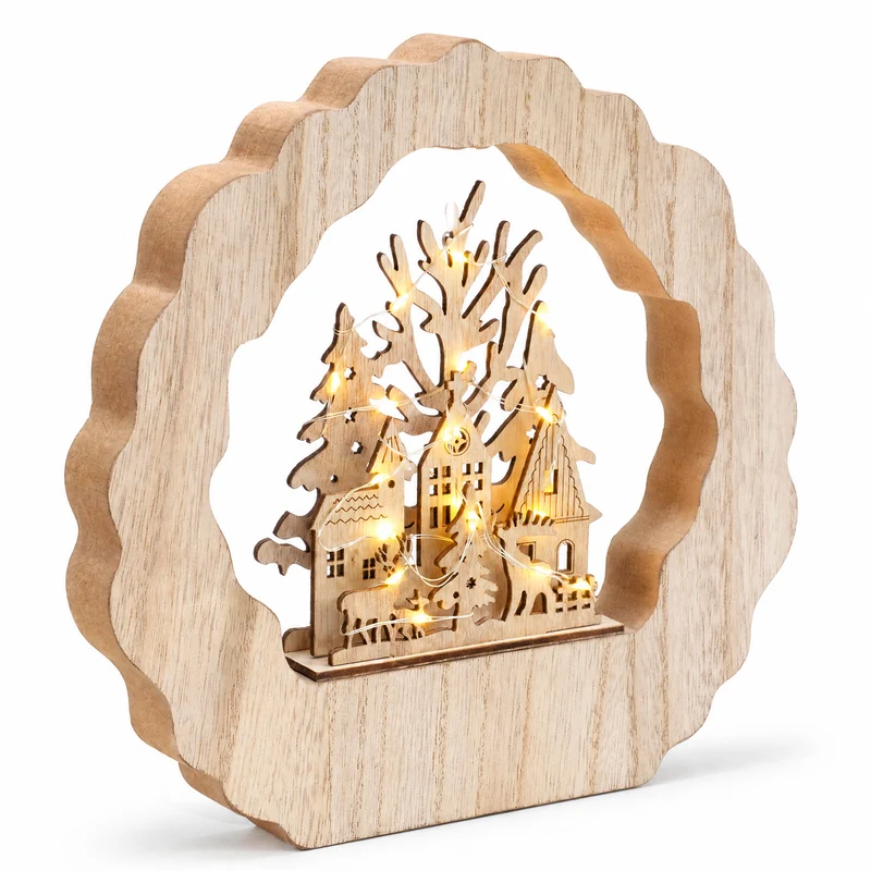 Salcar LED Schwibbogen aus Holz, 3D Weihnachtsdeko mit Weihnachtsdorf, 20 warmweiße LEDs, batteriebetriebener Lichterbogen für Fensterbank, Regal & Sideboard
