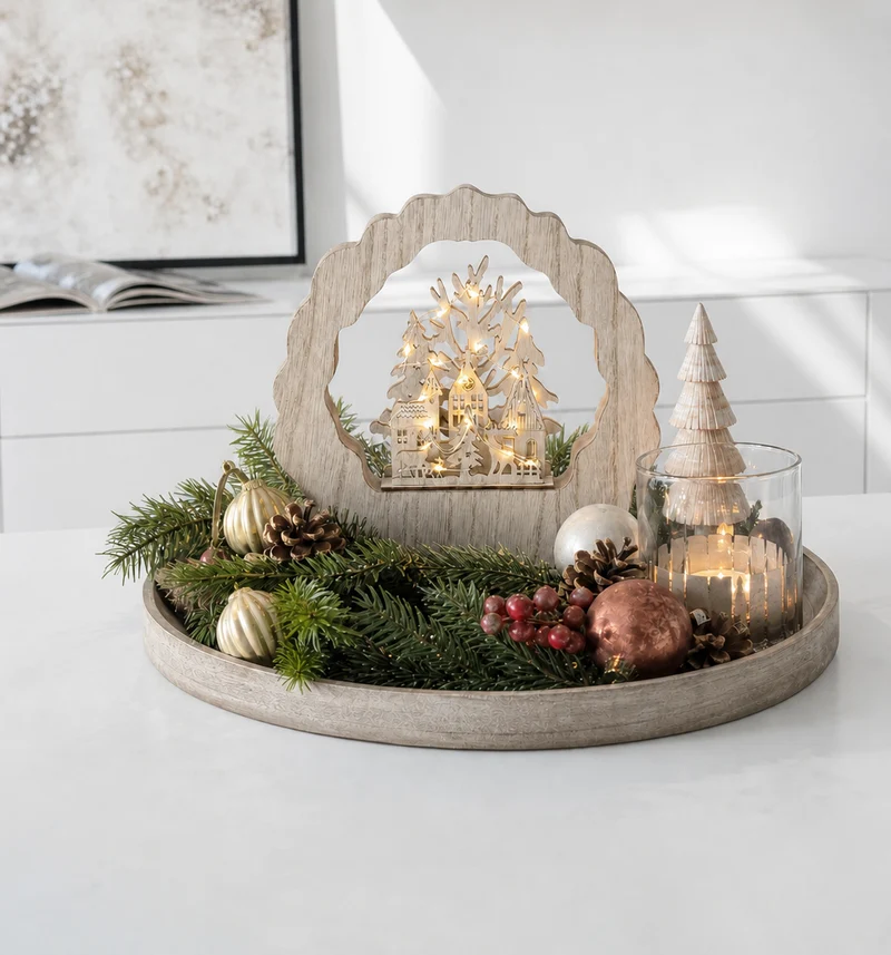 Salcar LED Schwibbogen aus Holz, 3D Weihnachtsdeko mit Weihnachtsdorf, 20 warmweiße LEDs, batteriebetriebener Lichterbogen für Fensterbank, Regal & Sideboard