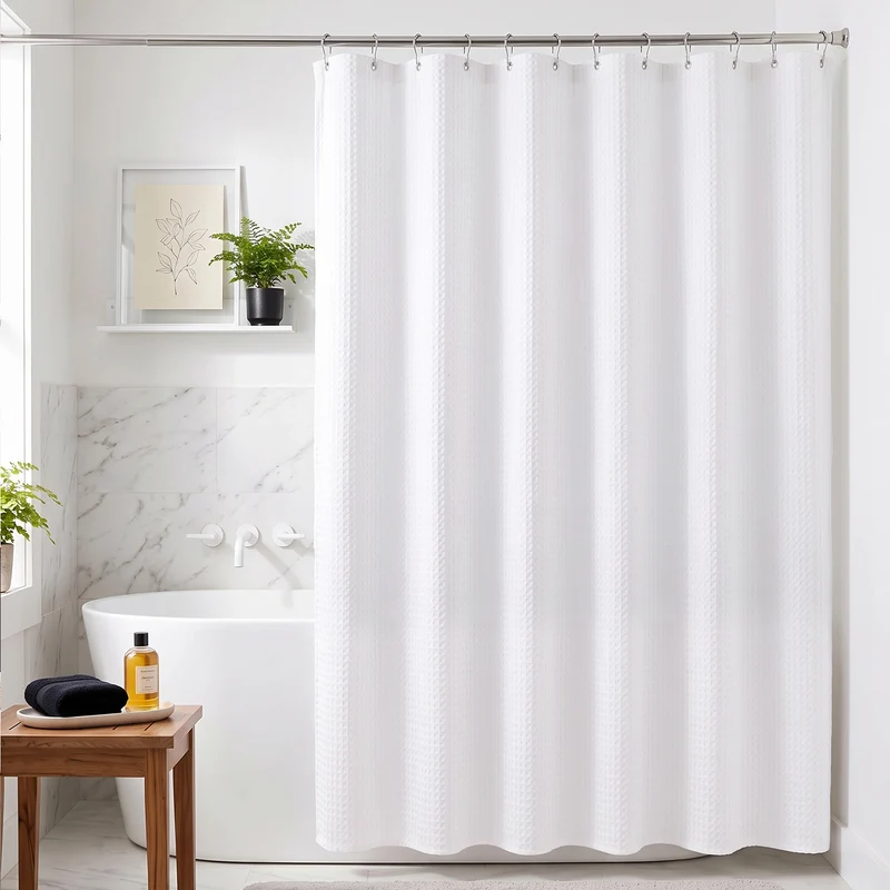 Sekey Weiß Duschvorhang 180 × 200 cm, Textil Badewannenvorhang mit Waffelstruktur, Wasserabweisend & Waschbar, 100 % Polyester, mit Beschwerungsband & 12 Edelstahlringen（副本）