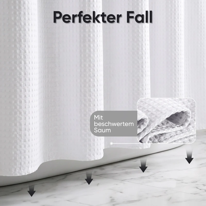 Sekey Weiß Duschvorhang 180 × 200 cm, Textil Badewannenvorhang mit Waffelstruktur, Wasserabweisend & Waschbar, 100 % Polyester, mit Beschwerungsband & 12 Edelstahlringen（副本）