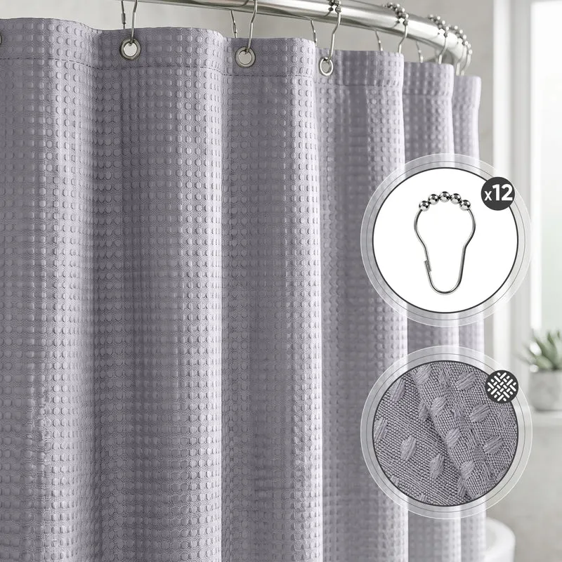 Sekey Grau Duschvorhang 180 × 200 cm, Textil Badewannenvorhang mit Waffelstruktur, Wasserabweisend & Waschbar, 100 % Polyester, mit Beschwerungsband & 12 Edelstahlringen