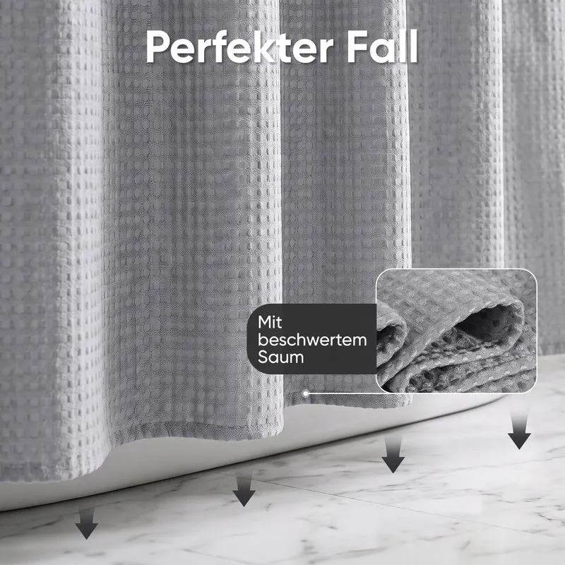 Sekey Grau Duschvorhang 180 × 200 cm, Textil Badewannenvorhang mit Waffelstruktur, Wasserabweisend & Waschbar, 100 % Polyester, mit Beschwerungsband & 12 Edelstahlringen