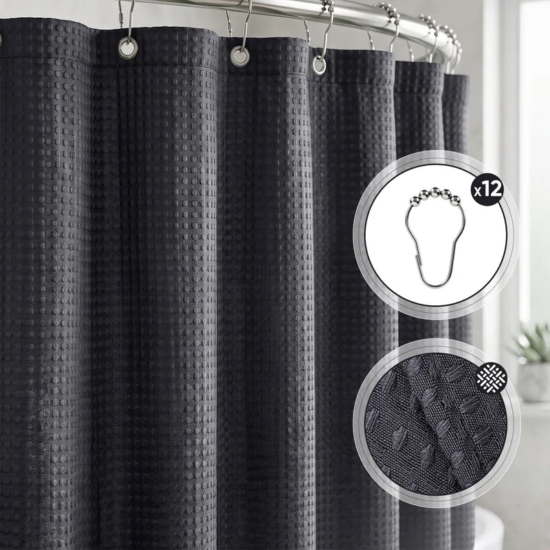 Sekey Schwarz Duschvorhang 180 × 200 cm, Textil Badewannenvorhang mit Waffelstruktur, Wasserabweisend & Waschbar, 100 % Polyester, mit Beschwerungsband & 12 Edelstahlringen