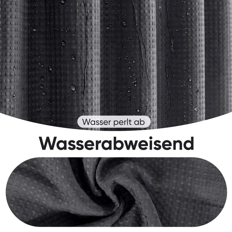 Sekey Schwarz Duschvorhang 180 × 200 cm, Textil Badewannenvorhang mit Waffelstruktur, Wasserabweisend & Waschbar, 100 % Polyester, mit Beschwerungsband & 12 Edelstahlringen