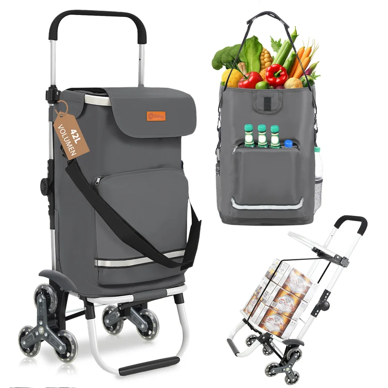 Sekey XXL Einkaufstrolley Treppensteiger 3-Rad Faltbarer Aluminium 3-in-1 Einkaufswagen mit Höhenverstellbarem Griff, Kühlfach & Getränkefach Ideal für Camping & Einkäufe
