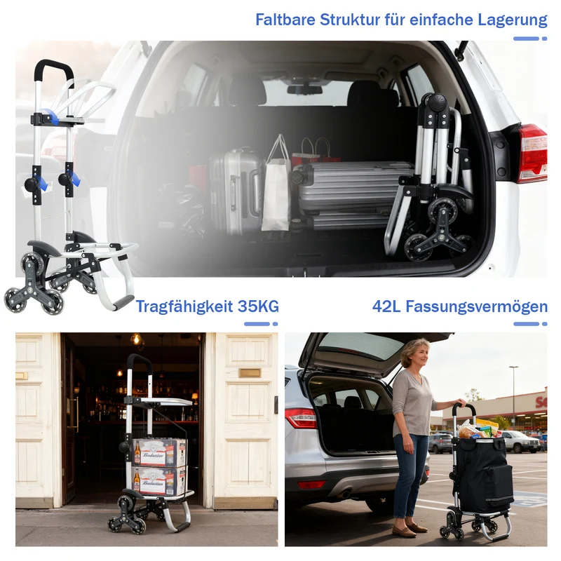 Sekey XXL Einkaufstrolley Treppensteiger 3-Rad Faltbarer Aluminium 3-in-1 Einkaufswagen mit Höhenverstellbarem Griff, Kühlfach & Getränkefach Ideal für Camping & Einkäufe