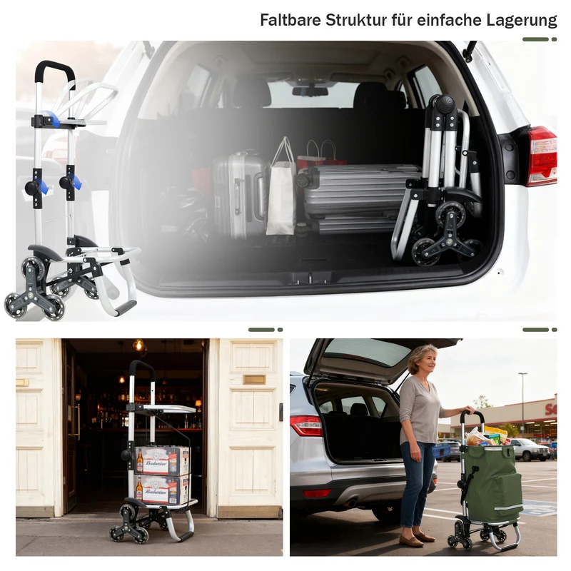 Sekey XXL Einkaufstrolley Treppensteiger 3-Rad Faltbarer Aluminium 3-in-1 Einkaufswagen mit Höhenverstellbarem Griff, Kühlfach & Getränkefach Ideal für Camping & Einkäufe