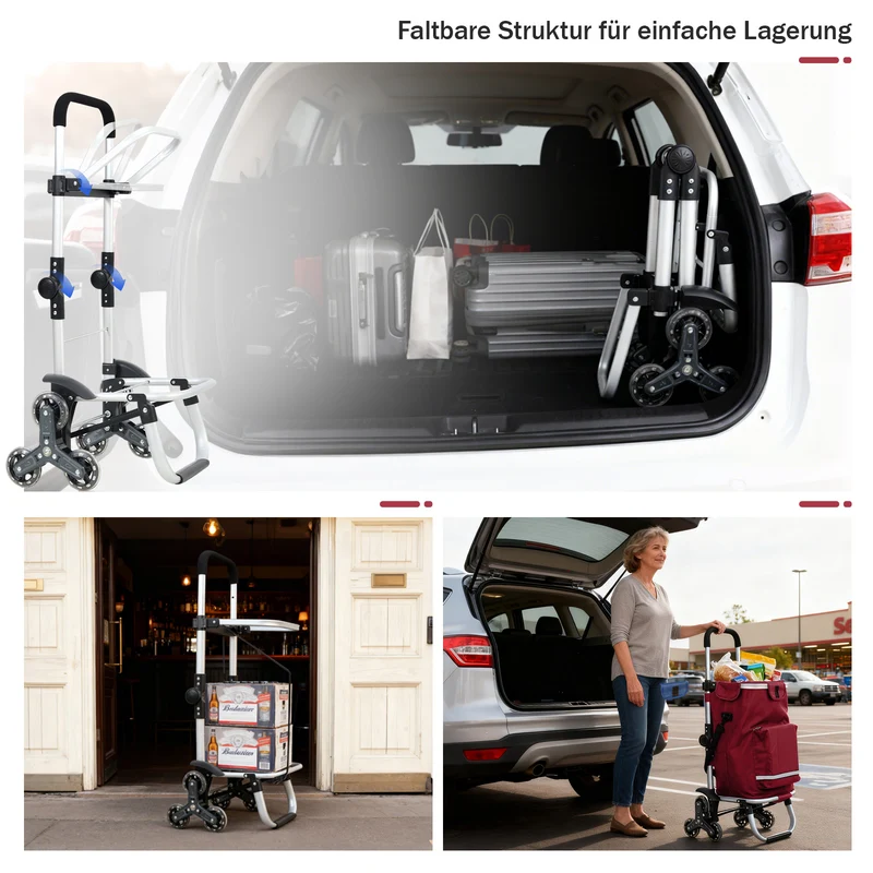 Sekey XXL Einkaufstrolley Treppensteiger 3-Rad Faltbarer Aluminium 3-in-1 Einkaufswagen mit Höhenverstellbarem Griff, Kühlfach & Getränkefach Ideal für Camping & Einkäufe